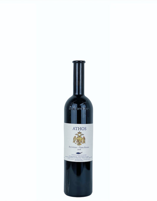 A bottle of Athos, a natural wine made by Ansitz Dolomytos Sacker with Cabernet Franc, Cabernet Sauvignon and other varieties. 