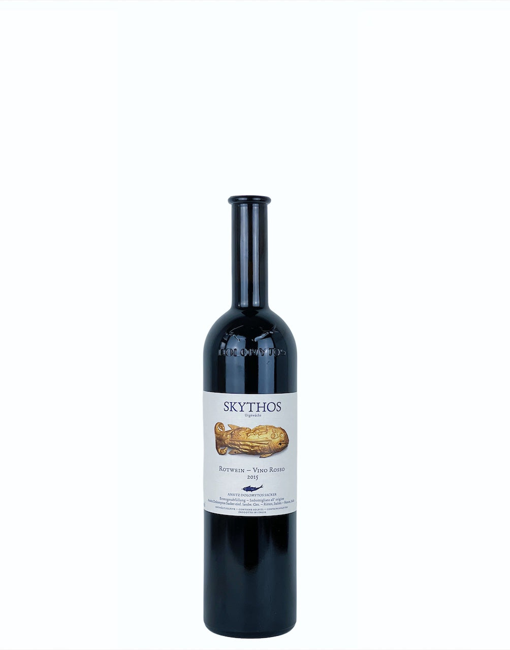 A bottle of Skythos a natural wine by Ansitz Dolomytos Sacker made with Sangiovese, Pinot Noir and other grape varieties. 