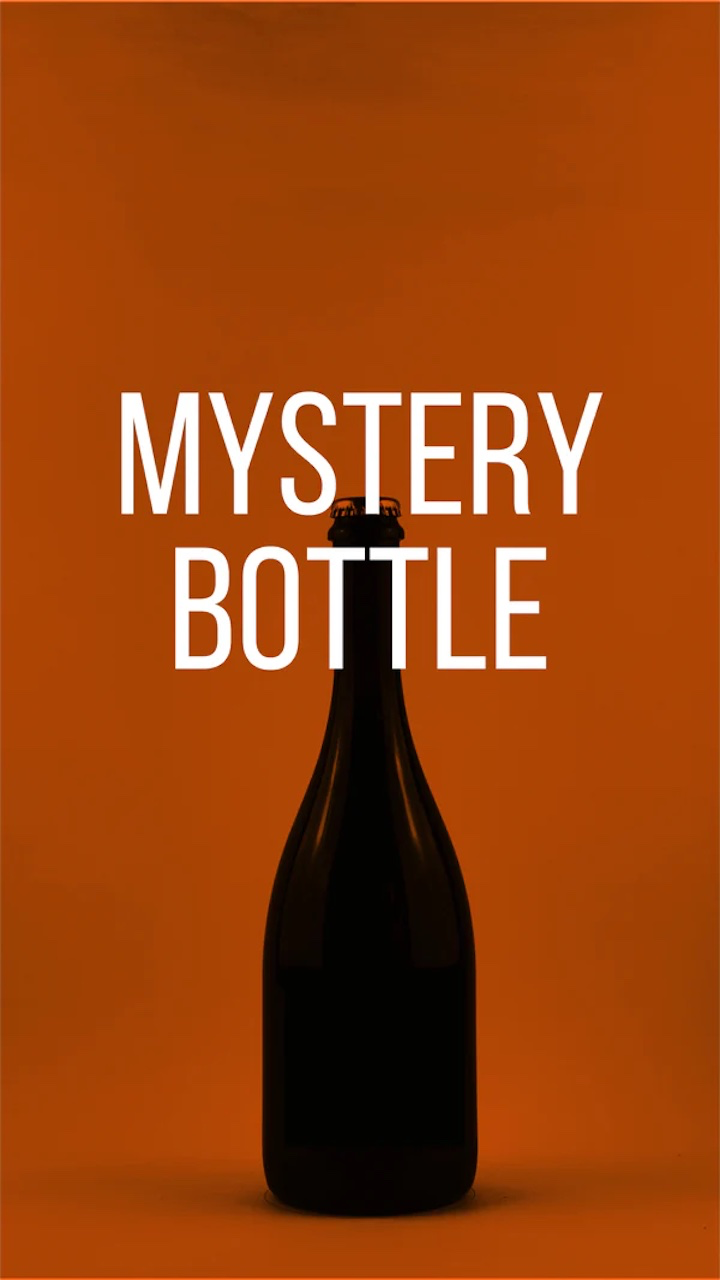 Black bottle of Natural Wine with the writings Mystery Bottle